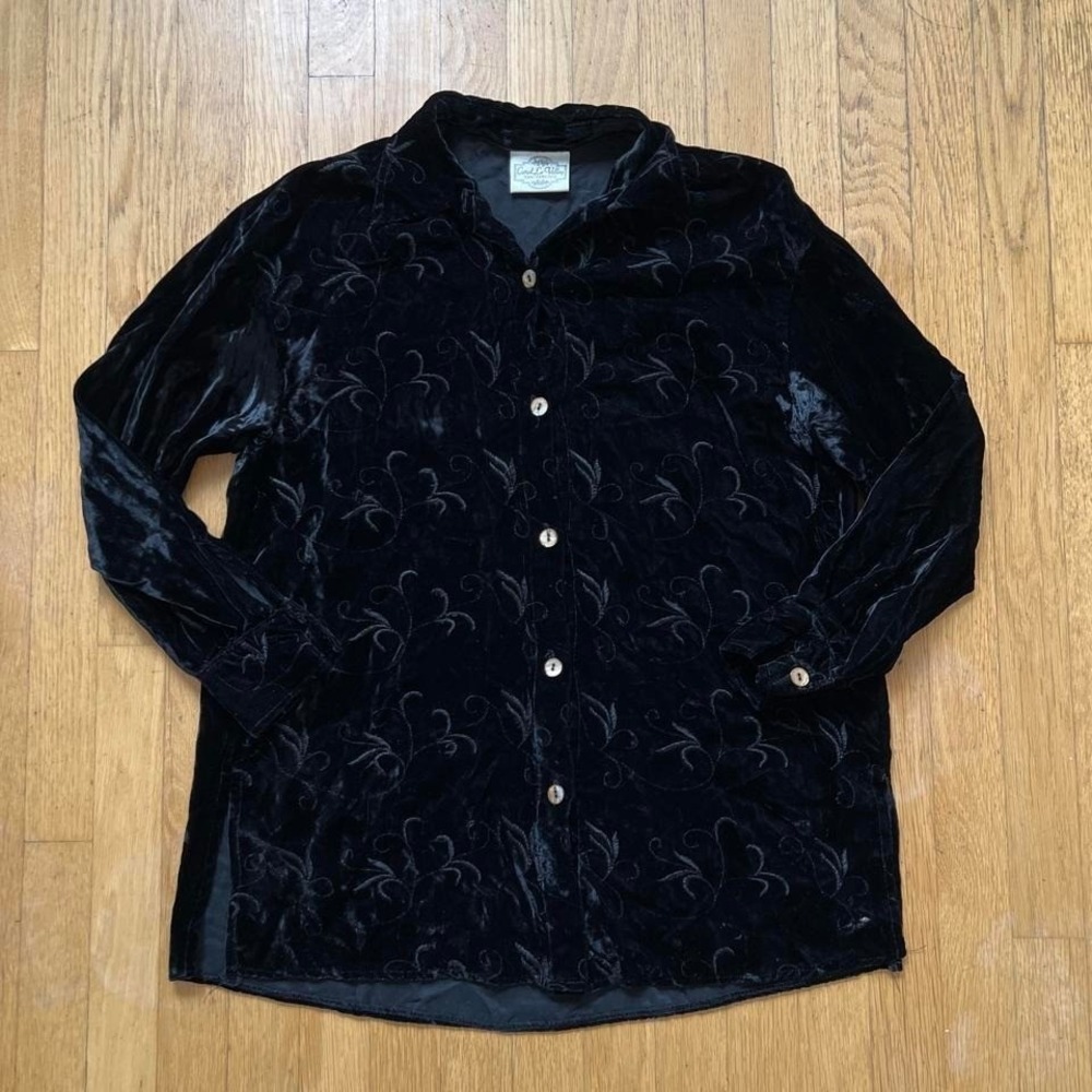 Carol Le Valley Vintage Black Velvet Floral Button‑Up Shirt Women's Small